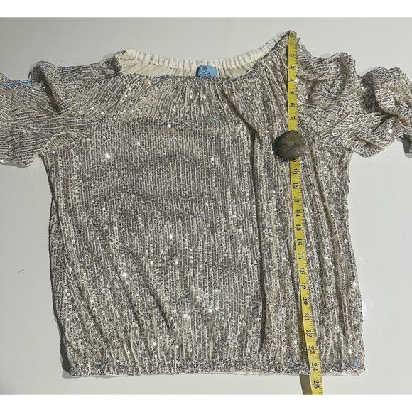 CeCe Sequin Off Shoulder Blouse Sparkly Silver Size Large Ruched Sleeves Evening - Picture 4 of 7